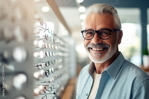 Happy mature man chooses glasses Vision care concept photo