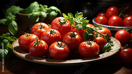 Red Tomatoes and Slices plates Background Defocused