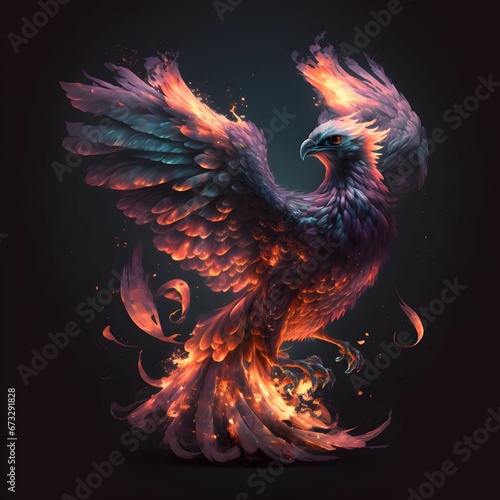 AI generated illustration of a phoenix on a black background, emitting a powerful burst of flames photo