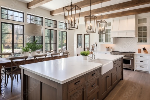 Traditional kitchen in a luxury home luxury chandeliers and large windows © ORG