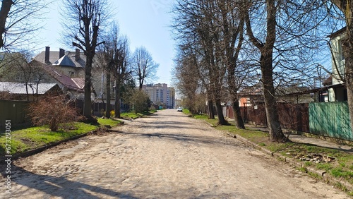 The roadway of the city street is paved with old paving stones. There are trees  residential houses  wooden fences and parked cars along the street. Sunny spring weather and blue sky