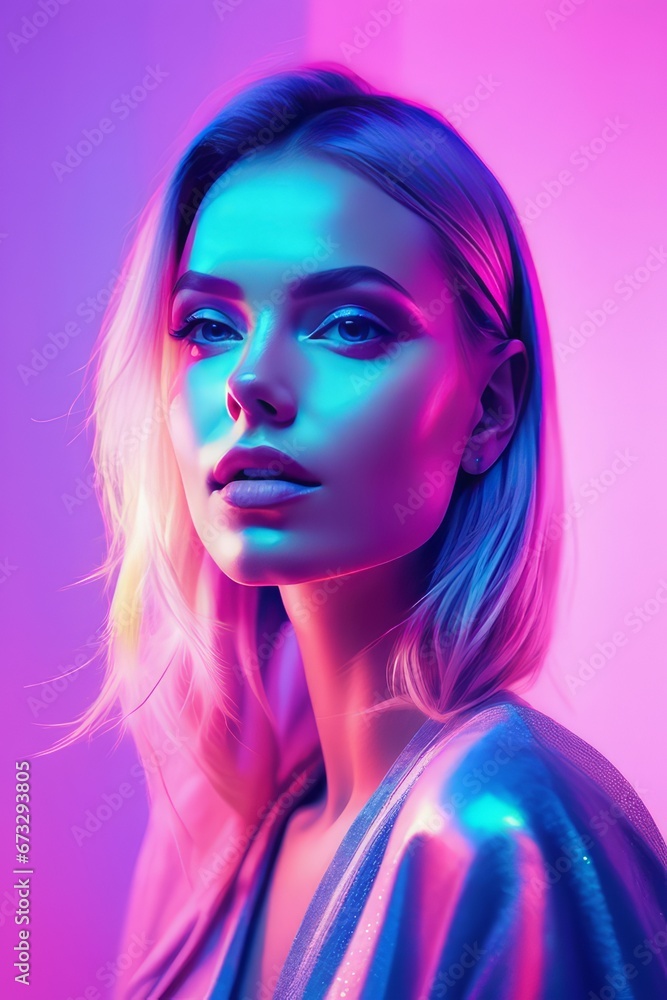 portrait of a beautiful woman with colorful neon light and a blue gradient portrait of a beautiful woman with colorful neon light and a blue gradient portrait of young woman with colorful lights