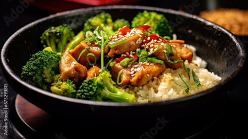 Coconut Rice Served in a Bowl Topped with Steamed Broccoli and Garlic Chicken Selective Focus Background