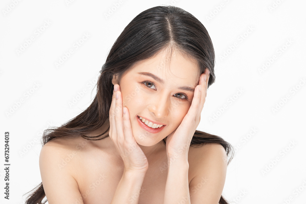 Beautiful Asian young woman touching soft cheek smile with clean fresh skin Happiness and cheerful with positive emotional,isolated on white background,Beauty Cosmetics and Facial treatment Concept Beautiful Asian young woman touching soft cheek smile with clean fresh skin Happiness and cheerful with positive emotional,isolated on white background,Beauty Cosmetics and Facial treatment Concept
