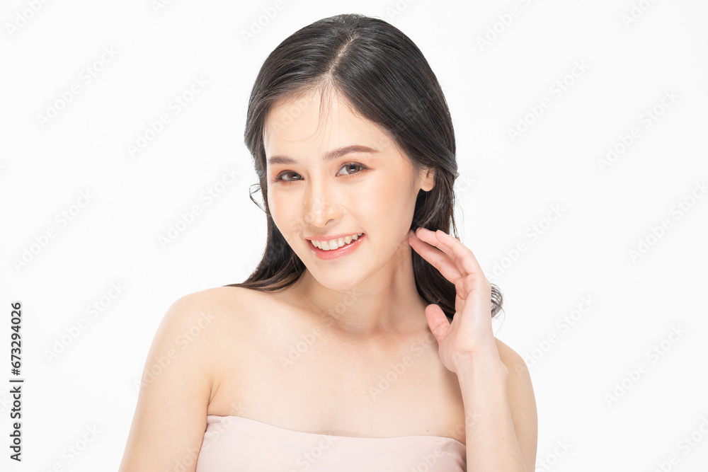 Beautiful Asian young woman touching soft cheek smile with clean fresh skin Happiness and cheerful with positive emotional,isolated on white background,Beauty Cosmetics and Facial treatment Concept Beautiful Asian young woman touching soft cheek smile with clean fresh skin Happiness and cheerful with positive emotional,isolated on white background,Beauty Cosmetics and Facial treatment Concept