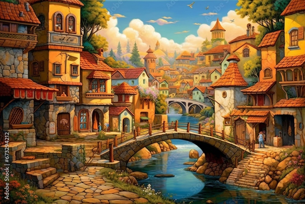 Summer town with a bridge portrayed in an oil painting. Generative AI
