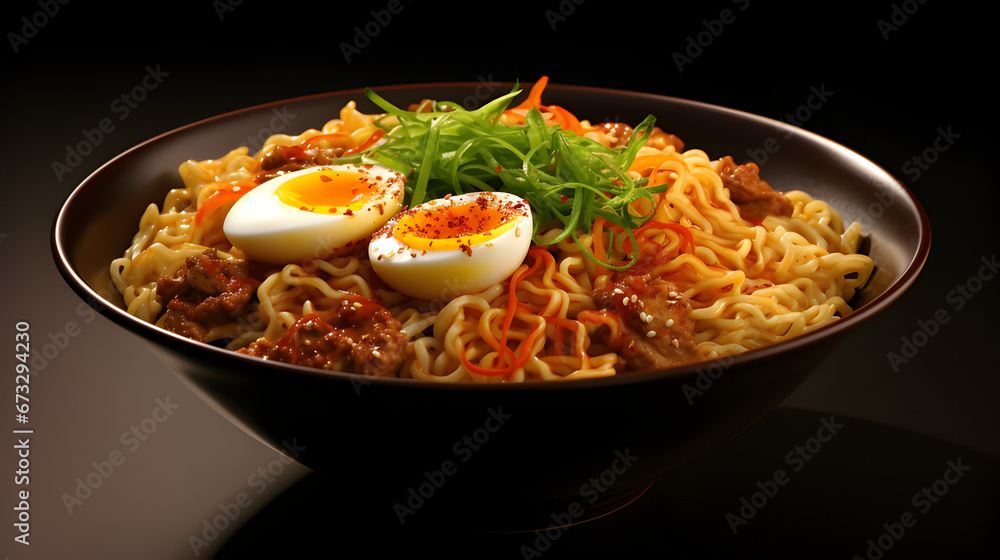 Ramen with boil egg. Spicy korean ramen noodle. Ramen with boil egg. Spicy korean ramen noodle.