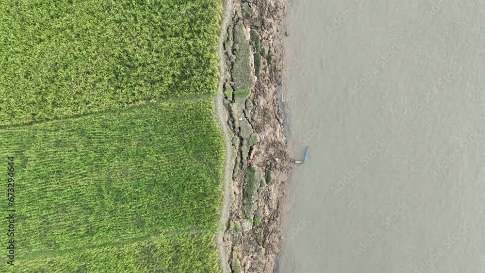 Soil erosion ditch around a running water, wild spring village river