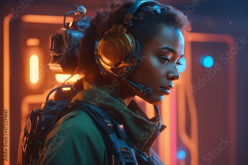 young african american female in headphones and futuristic space with futuristic technology and digital devices young african american female in headphones and futuristic space with futuristic technol