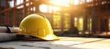 Construction house concept  - Repair work. Drawings for building and yellow helmet on table, defocused construction site background