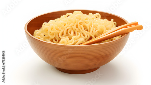 Noodle isolated on white background. Noodle bowl with chopsticks. Ramen. Noodle in wooden bowl with wooden chopsticks..