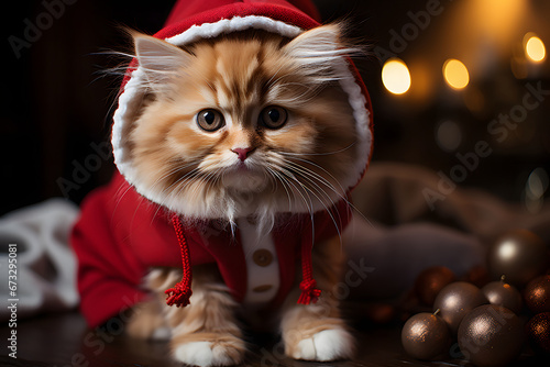 a cute little kitten with red hoddie for Christmas celebration with blur banner background and sparkling lights, black eyes and nose with light brown fur, celebrating christmas night