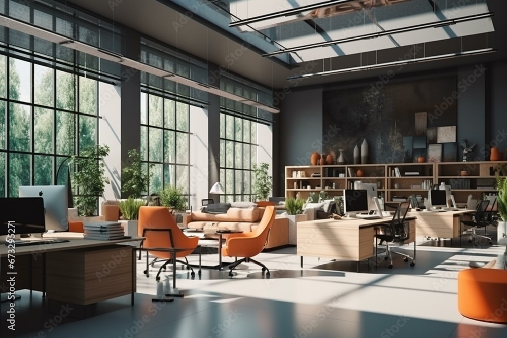 Modern workspace with furniture, staff office interior. Generative AI