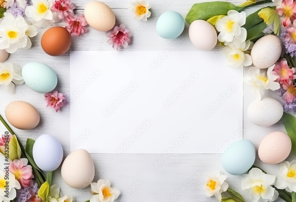 Greeting card background with Easter eggs with spring flowers, Flat lay blank paper