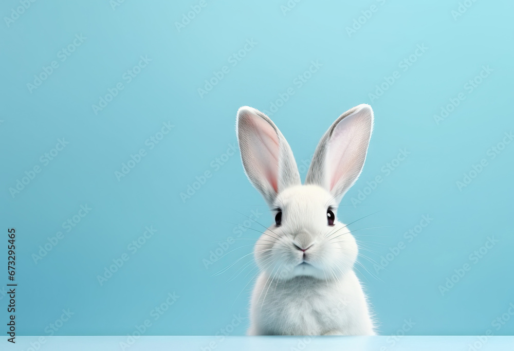 White rabbit on pastel blue background, Easter day