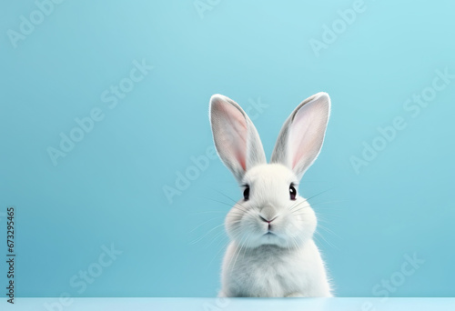 White rabbit on pastel blue background, Easter day © Renata Hamuda