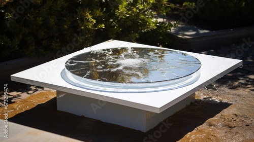A modern solar-powered fountain, emphasizing sustainability and design, captured against a clear white plane.