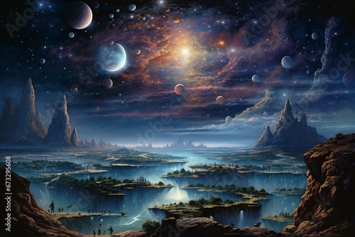 An enchanting portrayal of celestial bodies in a captivating cosmic panorama. Generative AI © Yara
