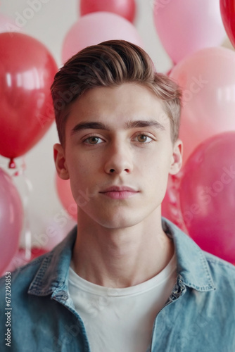 portrait of a young man surrounded by red and pink balloons, Valentine's Day