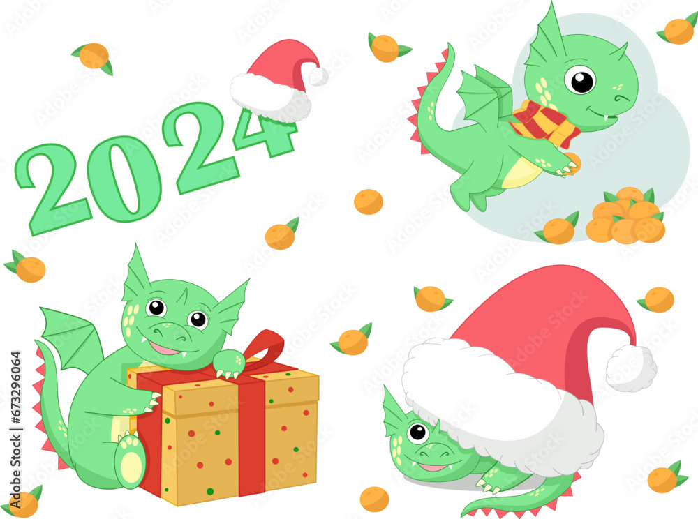 Fototapeta premium cute dragon stickers, 2024, holidays, year of the dragon, santa claus hat, tangerines, gift, stickers, stickers, characters vector illustration