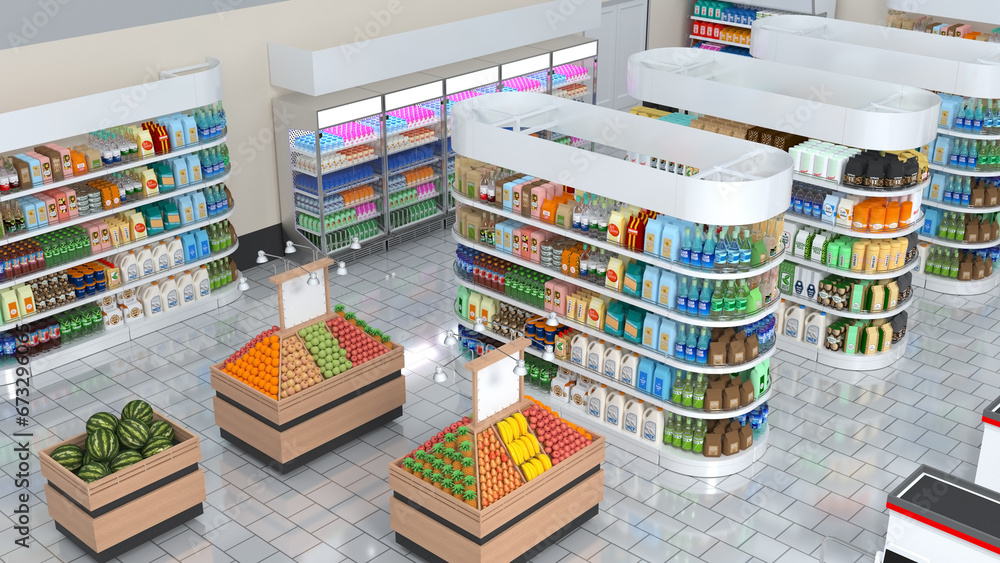 Interior of a supermarket with shelves for goods. 3d illustration