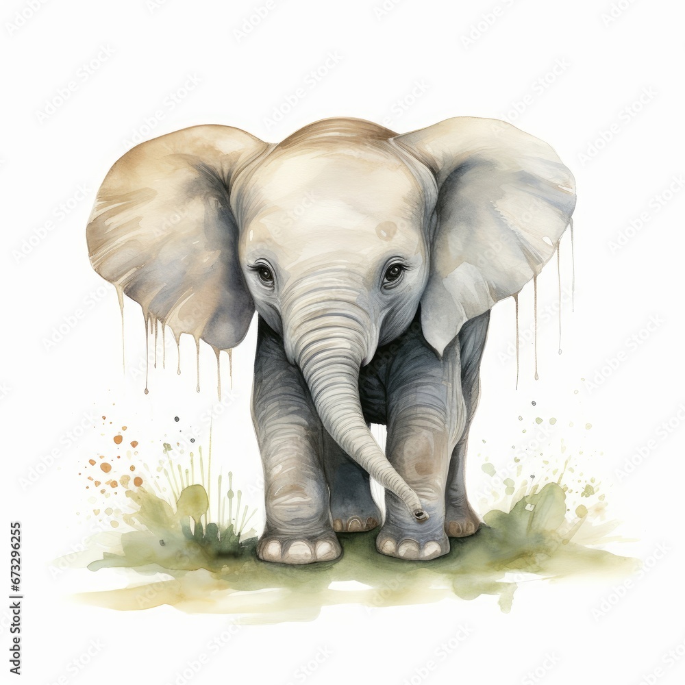 Baby elephant. Aquarelle illustration. Watercolor painting of a cute baby elephant, Generative AI