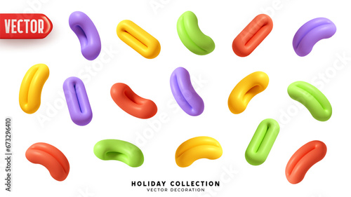 Set of abstract decorative festive element multicolored color. Decor Realistic 3d cartoon objects in the shape of compressed ring. Festive confetti and tinsel serpentine. vector illustration