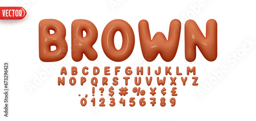 Brown Font realistic 3d design. Complete alphabet and numbers from 0 to 9. Collection Glossy letters in cartoon style. Fonts voluminous inflated from balloon. Vector illustration