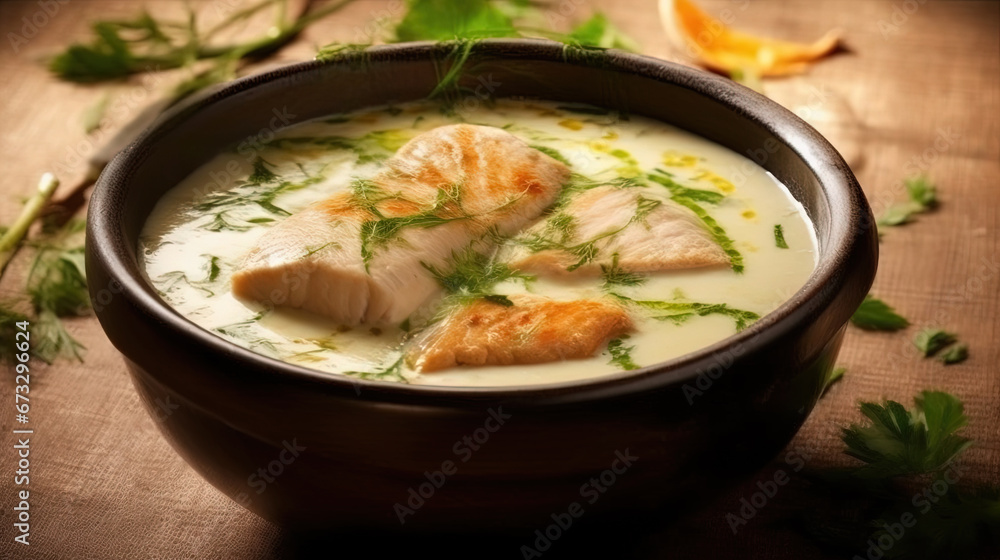 Bowl of Delicious Fish Creamy Soup on Blurry Background