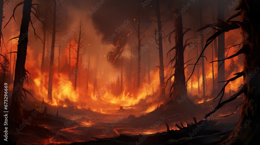 forest fire at night, natural wildlife disaster, flame and tree burning forest fire at night, natural wildlife disaster, flame and tree burning