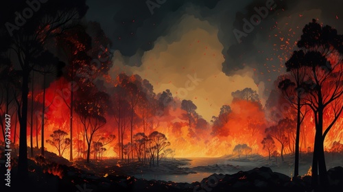 forest fire at night  natural wildlife disaster  flame and tree burning