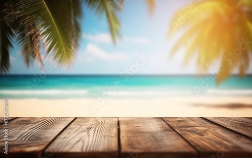 Empty wooden table on a beautiful blured tropical beach background. Summer holiday background for product display  Generative AI