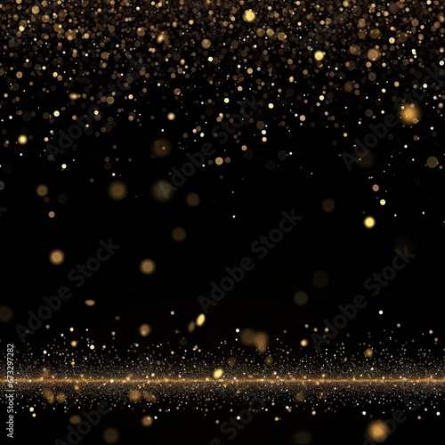 Glowing gold sparkle. Abstract holiday confetti on black background. Golden glittering celebration. Shimmering backdrop. Luxurious magic © Thares2020