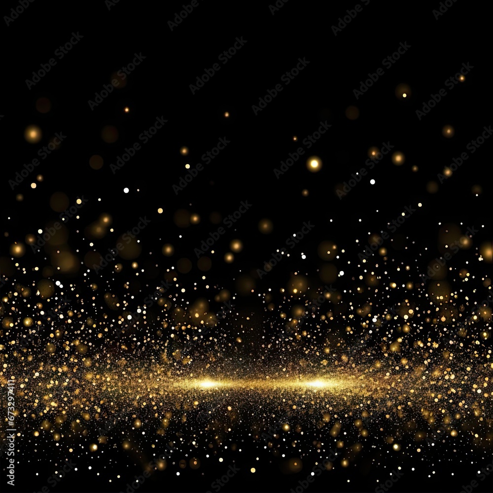 Glowing gold sparkle. Abstract holiday confetti on black background. Golden glittering celebration. Shimmering backdrop. Luxurious magic