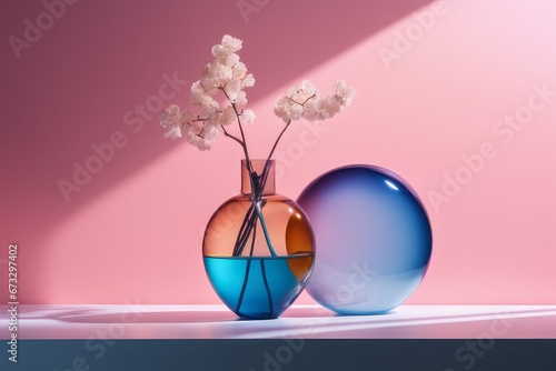 glass vase with flowers and eggs on table glass vase with flowers and eggs on table easter eggs in glass vase