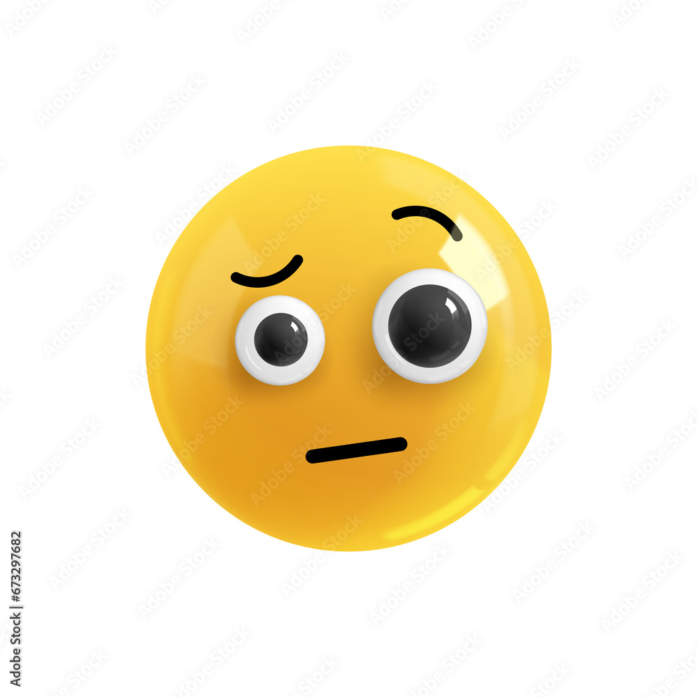 Fototapeta premium Emoji face surprise with a raised eyebrow. Realistic 3d Icon. Render of yellow glossy color emoji in plastic cartoon style isolated on white background. PNG