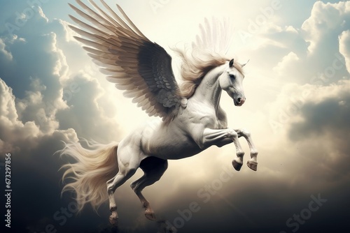 pegasus  a mythological animal  a horse with wings  gallops against the sky  Generative AI
