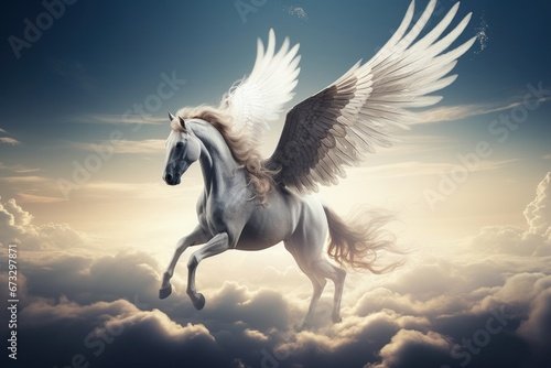 pegasus  a mythological animal  a horse with wings  gallops against the sky  Generative AI