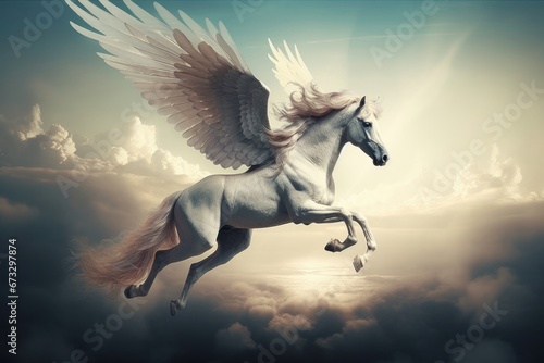 pegasus, a mythological animal, a horse with wings, gallops against the sky, Generative AI