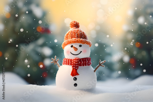 cute cheerfully snowman with red hat and red scarf stand with Christmas tree which is decorated with lights and cover with snow in cold forest  photo