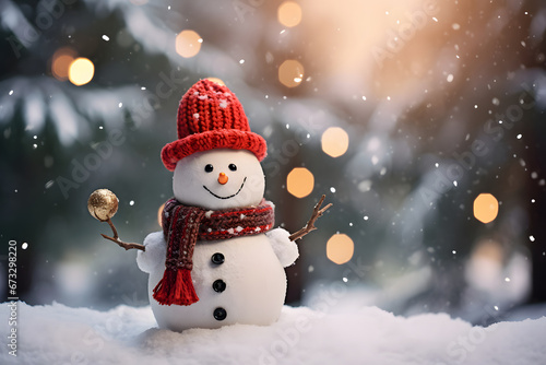 cute cheerfully snowman playing with ornamental ball with red hat and red scarf stand with Christmas tree which is decorated with lights and ornamental balls cover Cute Christmas background