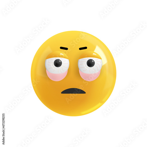 Emoji face with puffy eyes from fatigue. Realistic 3d design. Emoticon yellow glossy color. Icon in plastic cartoon style isolated on white background. EPS