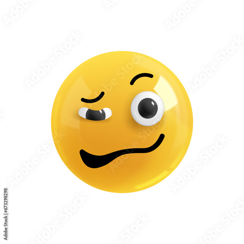 Emoji face crumpled crooked. Realistic 3d Icon. Render of yellow glossy color emoji in plastic cartoon style isolated on white background. PNG