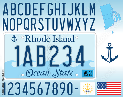 Rhode Island US state car license plate 2023 new pattern, letters, numbers and symbols, vector illustration, USA