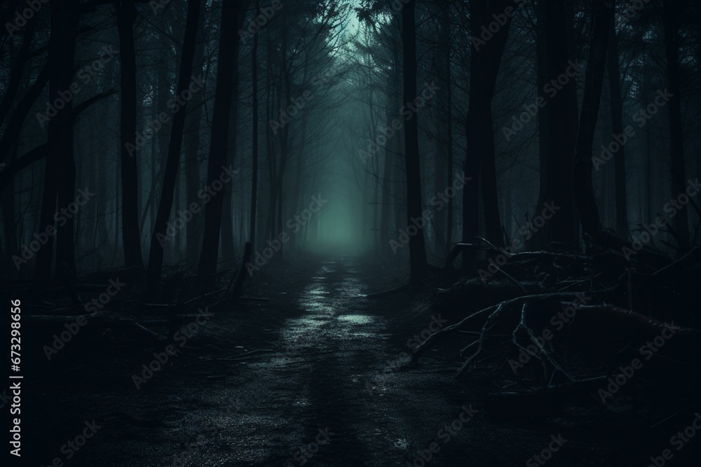 Creepy path through forest at night, eerie, spooky, gloomy darkness. Generative AI