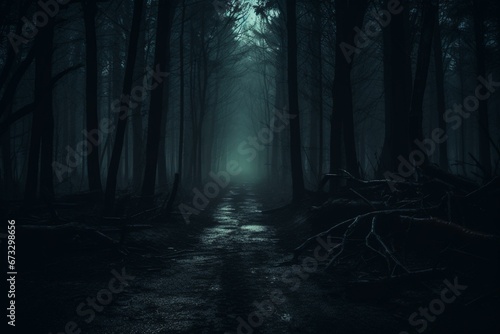 Creepy path through forest at night, eerie, spooky, gloomy darkness. Generative AI