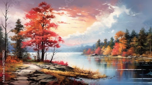 colorful beautiful landscape of yellow and red autumn al lake or river, colourful scene of fall and water