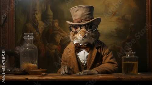 3D ironic portrait, Rat, Mouse, Eyeglasses, Hat, Animal, West, Western. DOCTOR RAT IN THE OLD FAR WEST. Mouse dressed up as a medical expert. Top hat on his head. Huge oil painting behind him. photo