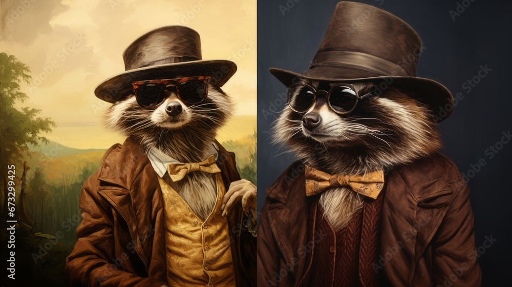 Animals, 3D painting double portrait, sunglasses, hat, dressed, 1800, countryside. THE WESTERN ANIMAL COUSINS. 2 animal guys dressed up as travelers in the 1800s style. Mystery hovers over their lives