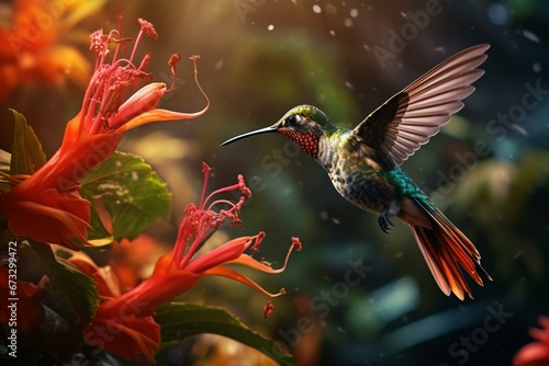 Close-up of a hummingbird in flight amidst lush tropical vegetation, sipping nectar from a flower. Generative AI